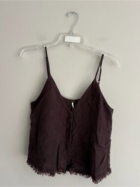 Young Fabulous & Broke Dark Brown Fringe-Hem V-Neck Linen Blend Cami Top Size S